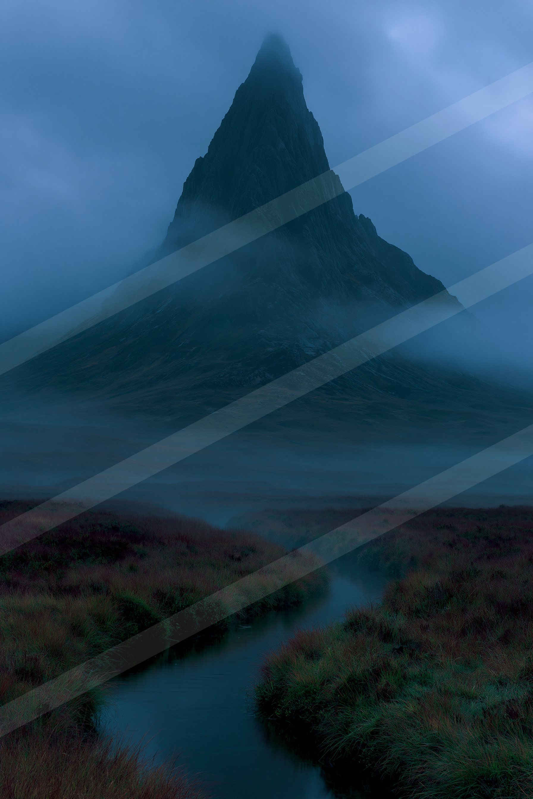 An ethereal landscape of a mountains, fog.