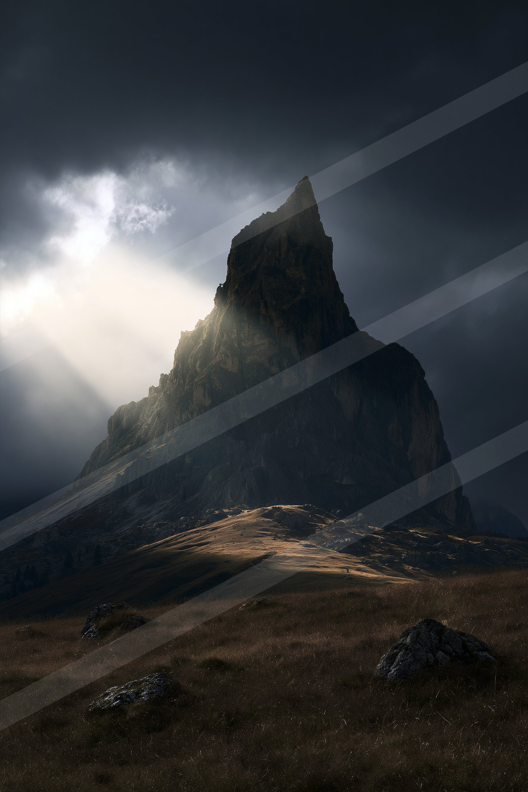 A rugged mountain peak stands tall against a dark and moody sky with dramatic lighting piercing through the clouds.