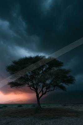 A solitary tree stands in a barren desert landscape under a sky filled with dark, dramatic storm clouds, with a pink and orange glow on the horizon.