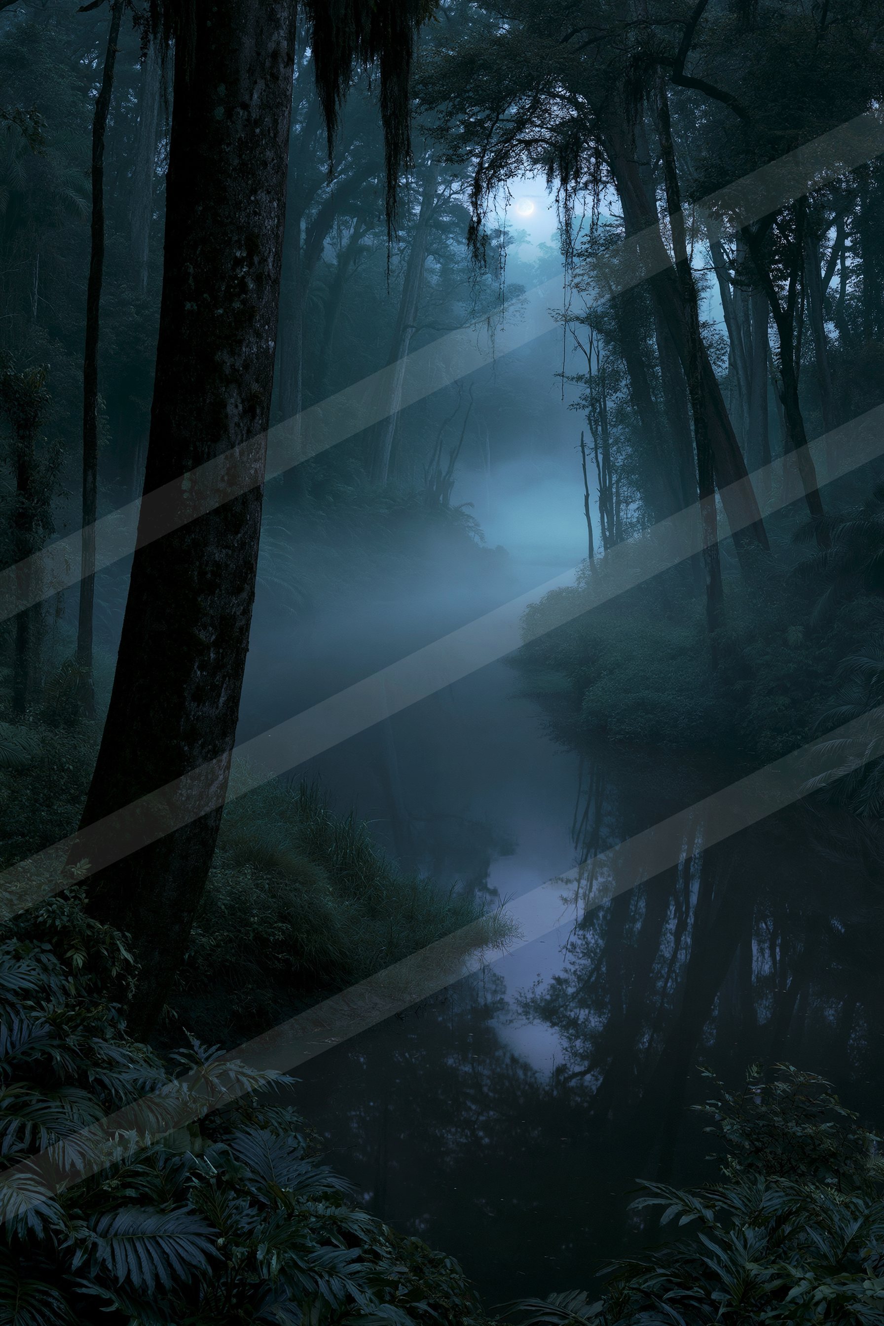 A mysterious water scene of a stream, fog.