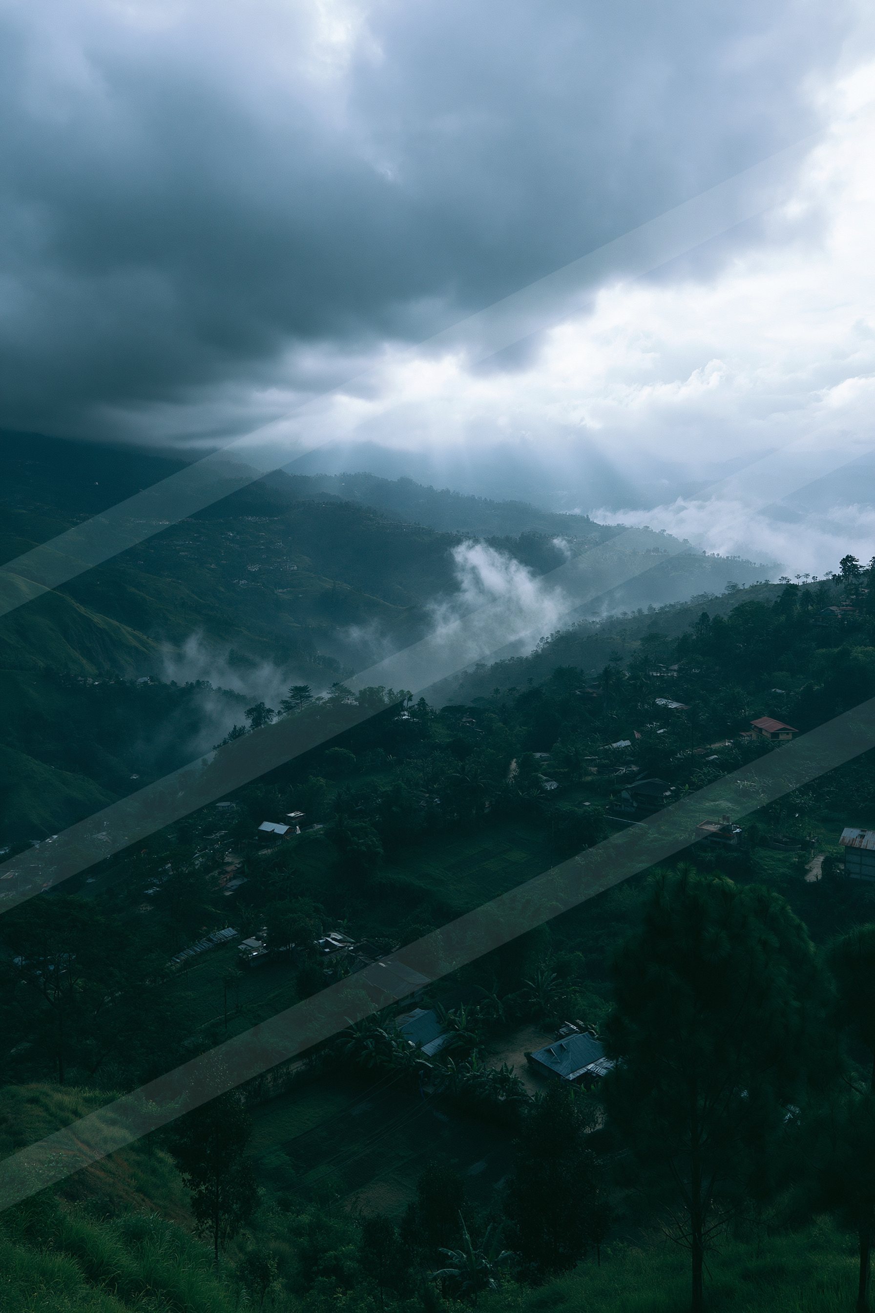 A serene panorama landscape of a rolling hills, fog.