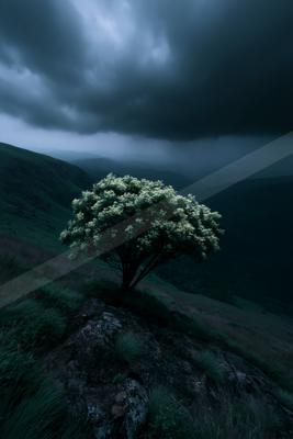 A solitary tree with white blossoms stands on a rocky outcrop on a dark green hillside under a dramatic stormy sky.