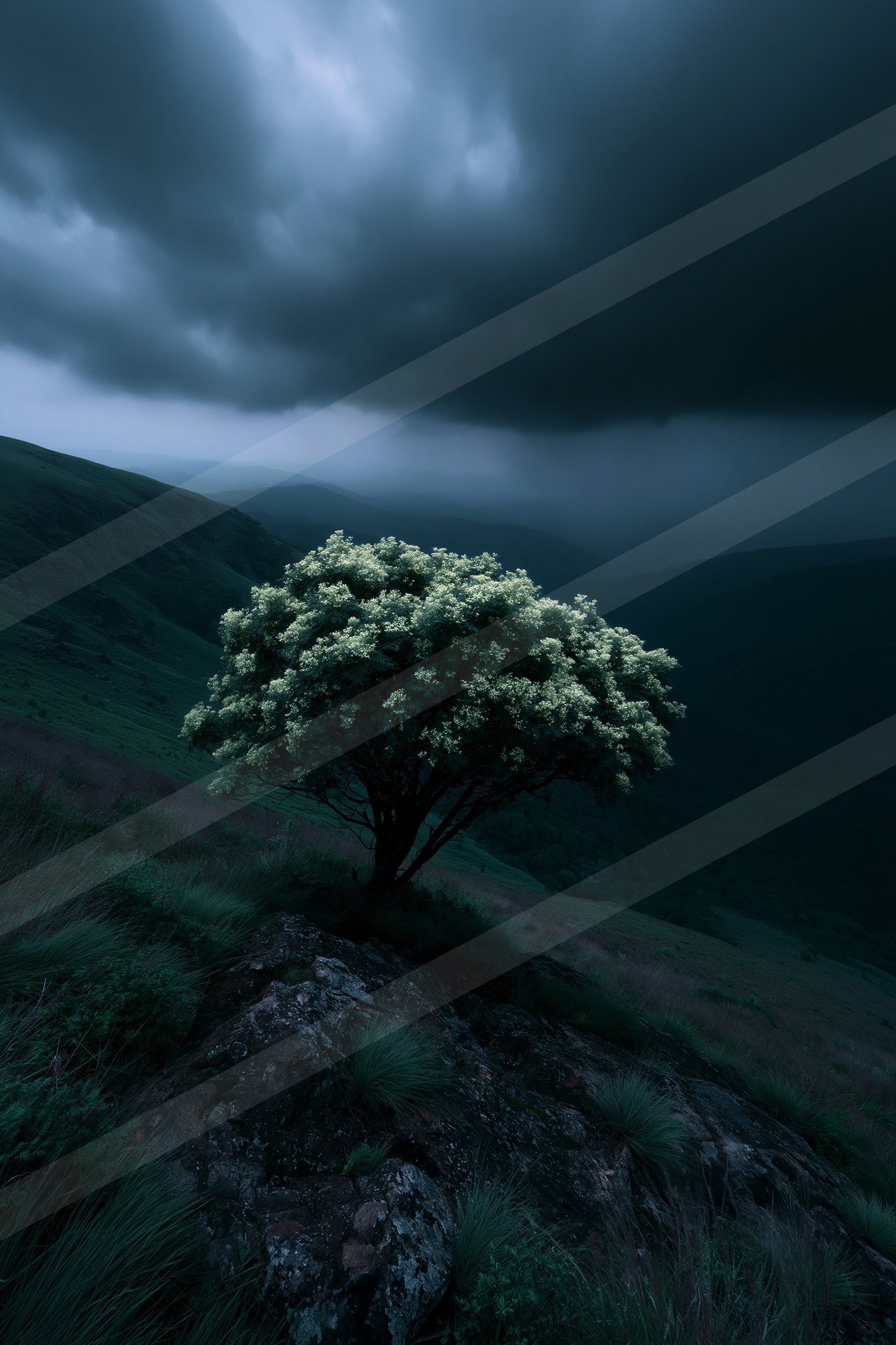 A moody nature scene of an oak tree, fog.