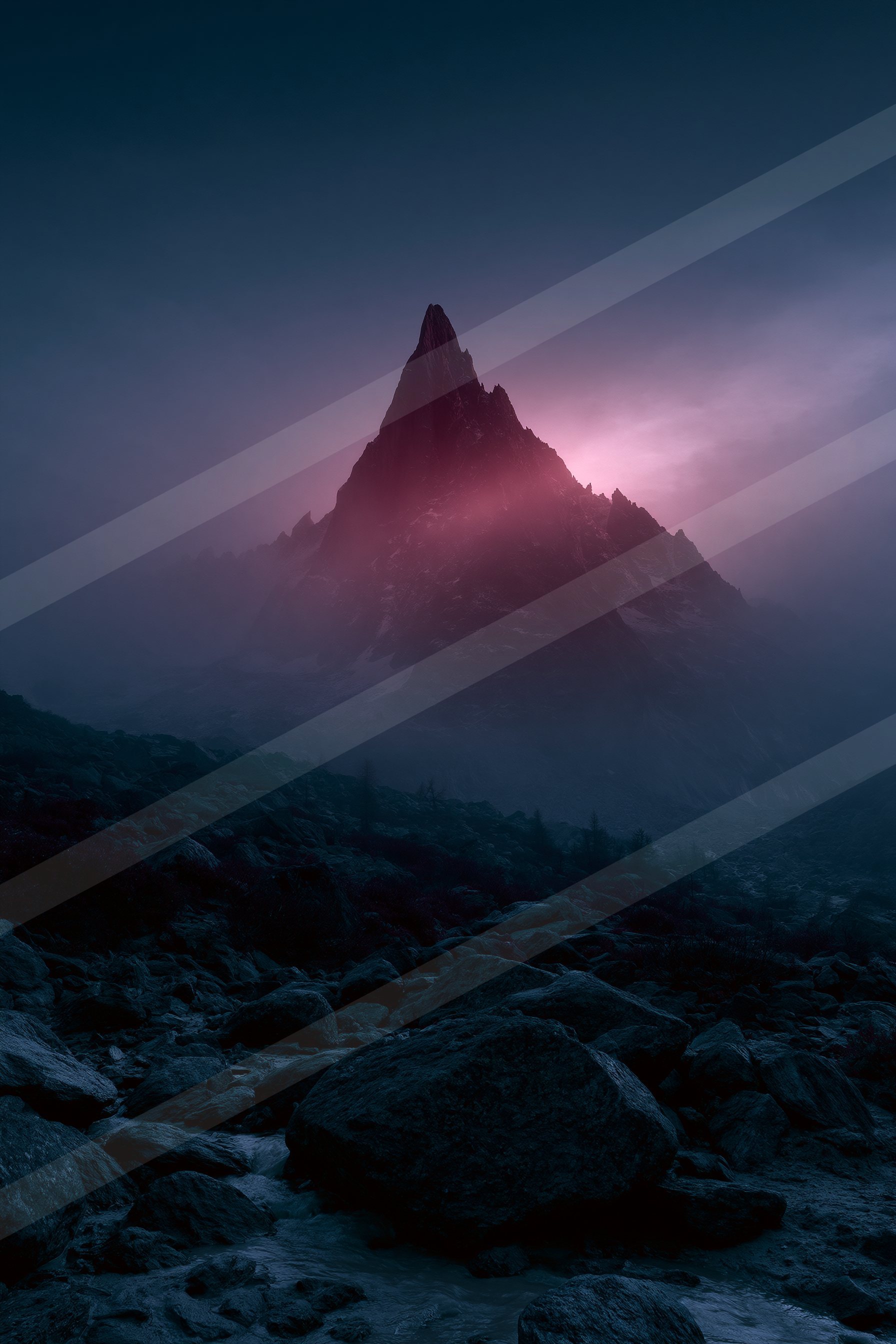 A mysterious high contrast landscape of a mountains, fog.