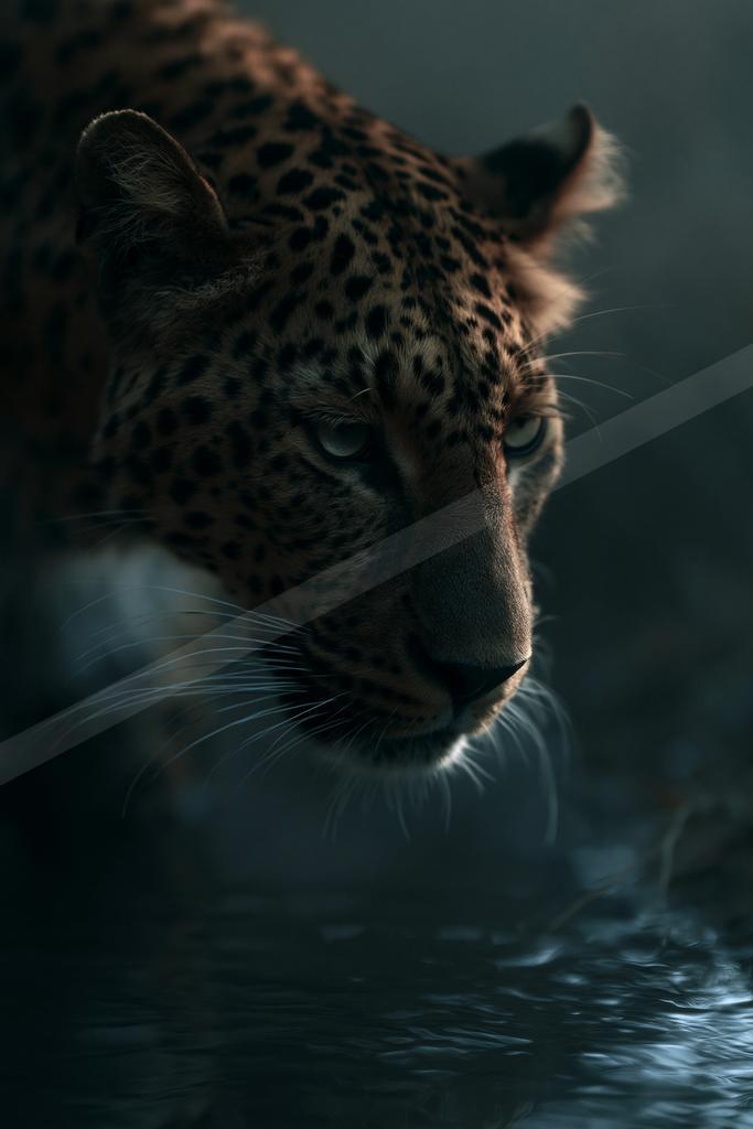 Close-up of a leopard with intense gaze lowering its head to drink from dark water at night, dramatic lighting highlighting its spotted fur.