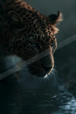 Close-up of a leopard with intense gaze lowering its head to drink from dark water at night, dramatic lighting highlighting its spotted fur.