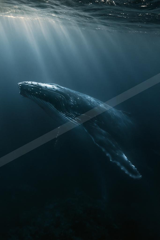 A humpback whale swims gracefully in deep blue ocean waters as dramatic sunbeams pierce the surface from above.