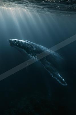 A humpback whale swims gracefully in deep blue ocean waters as dramatic sunbeams pierce the surface from above.