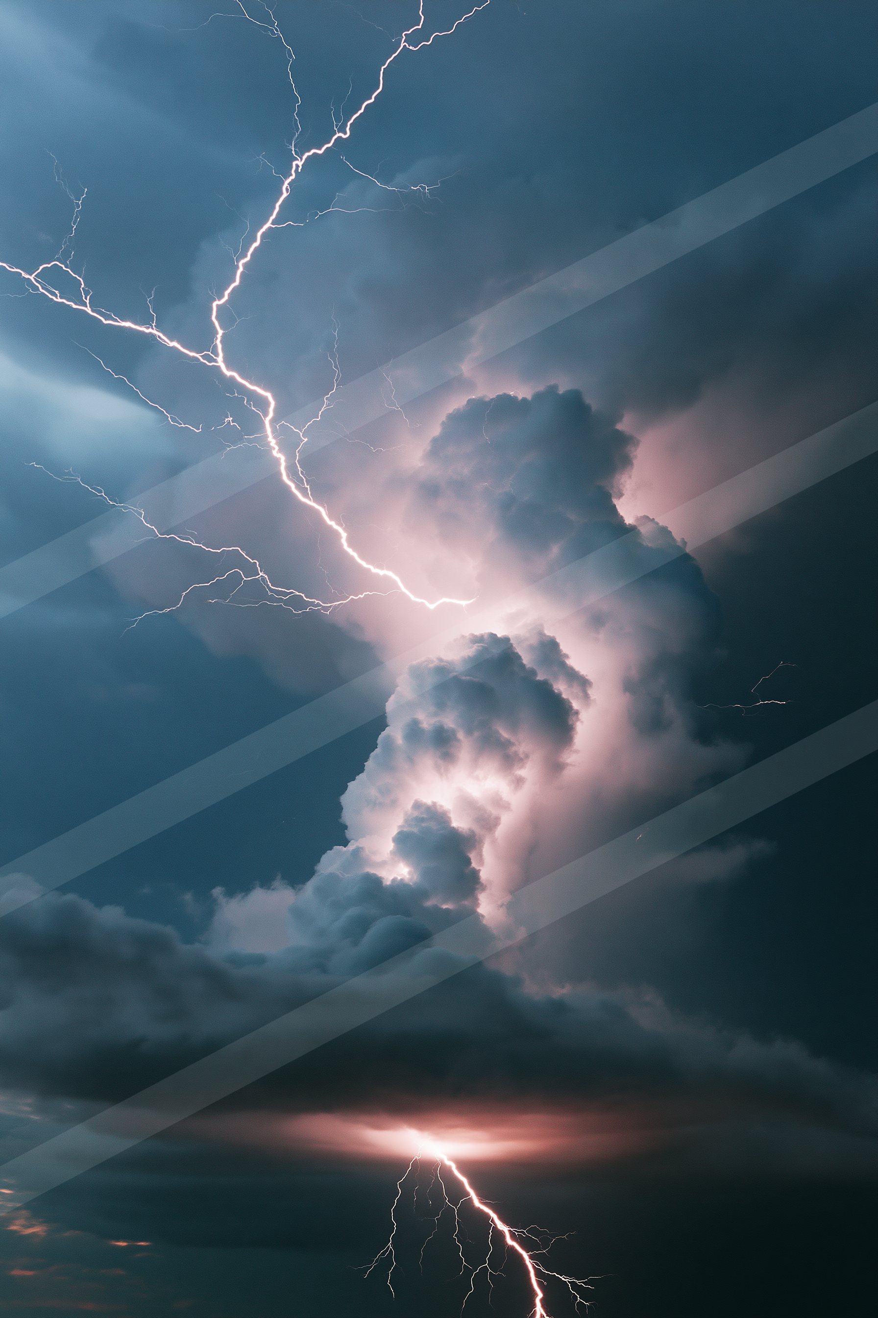 A powerful lightning bolt forks through a dark, ominous sky filled with heavy clouds during a thunderstorm.