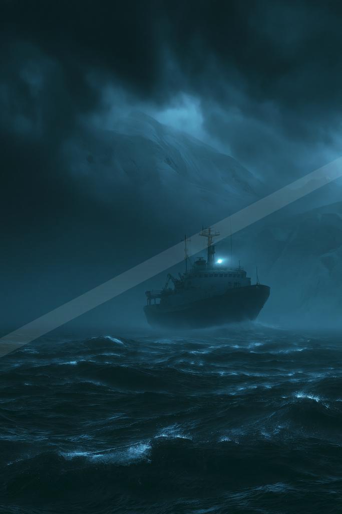 A black-toned moody photograph of wreck, container ship, submarine.