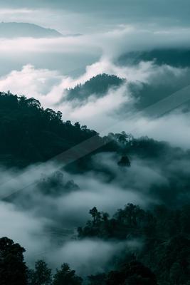 A gray-toned bright photograph of valley, alp, lakeside.