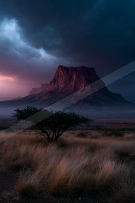 A lone acacia tree stands in tall golden grass in the foreground of a massive flat-topped mountain illuminated by dramatic pink and purple light beneath dark st