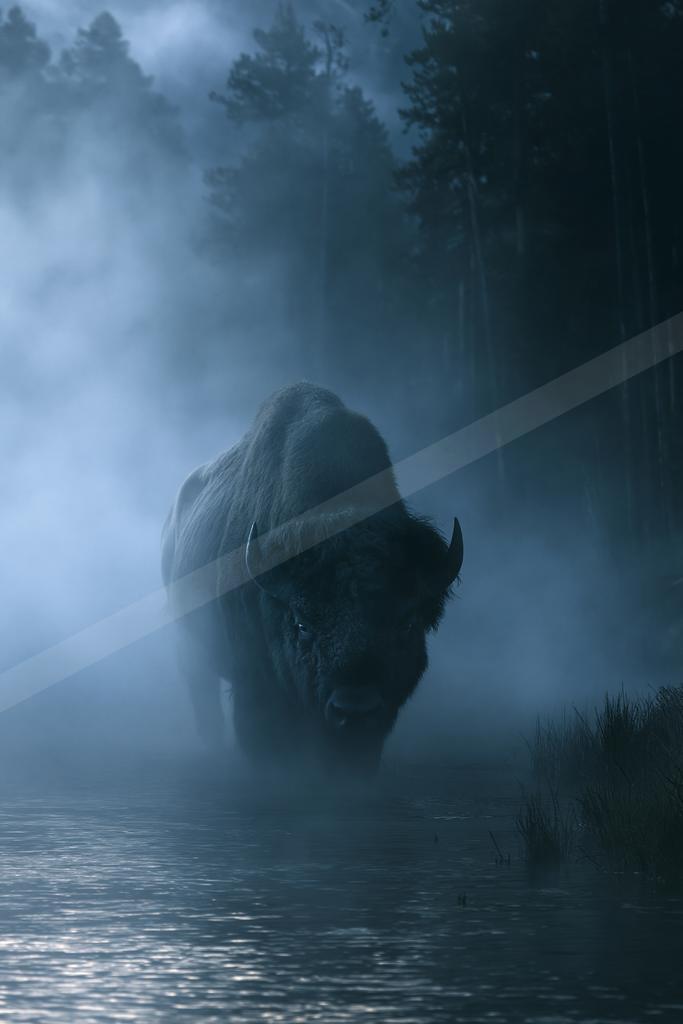 A large bison stands partially submerged in a misty lake, surrounded by dark forest and illuminated by soft blue light.