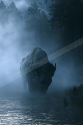 A large bison stands partially submerged in a misty lake, surrounded by dark forest and illuminated by soft blue light.