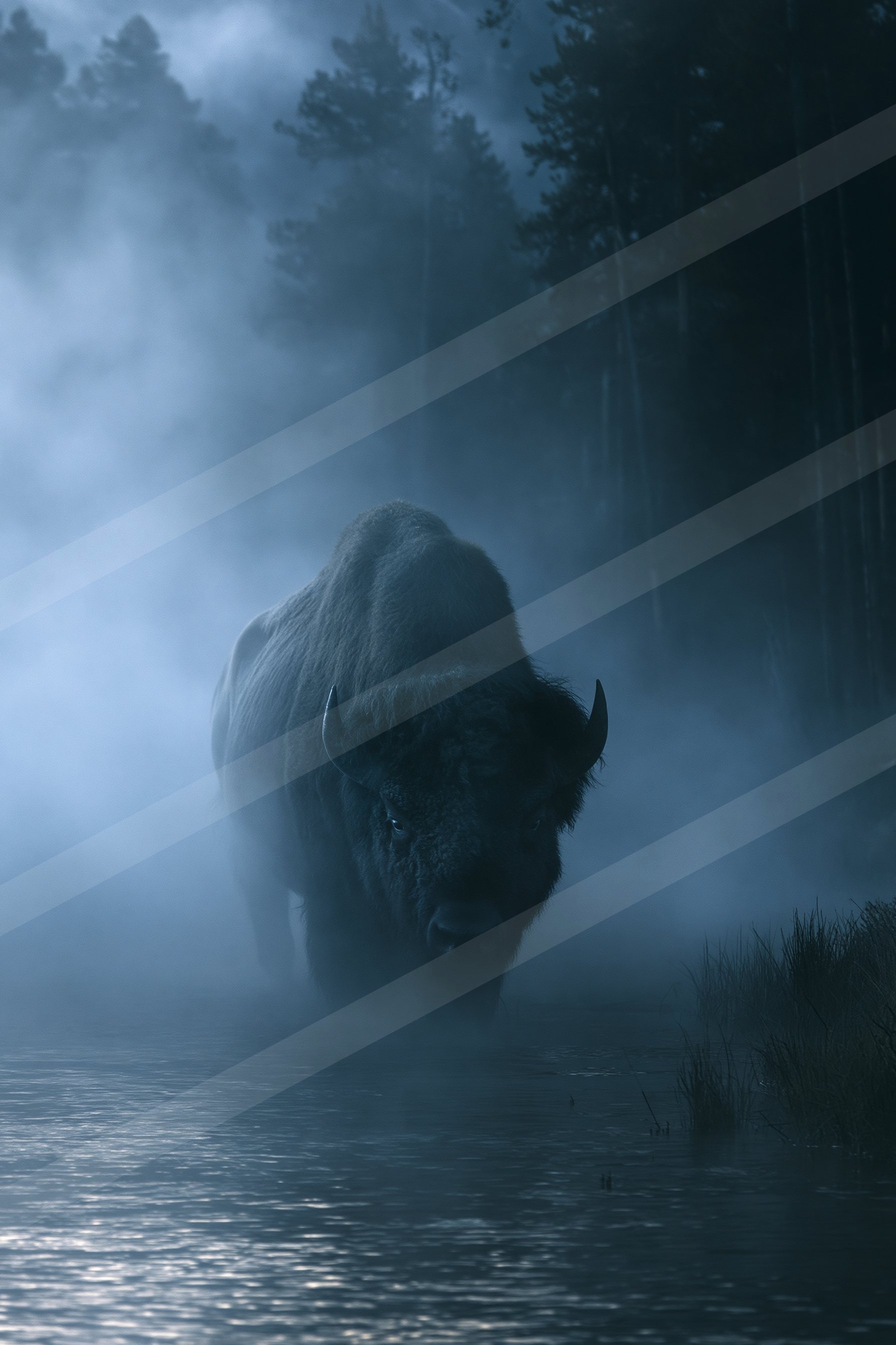A large bison stands partially submerged in a misty lake, surrounded by dark forest and illuminated by soft blue light.