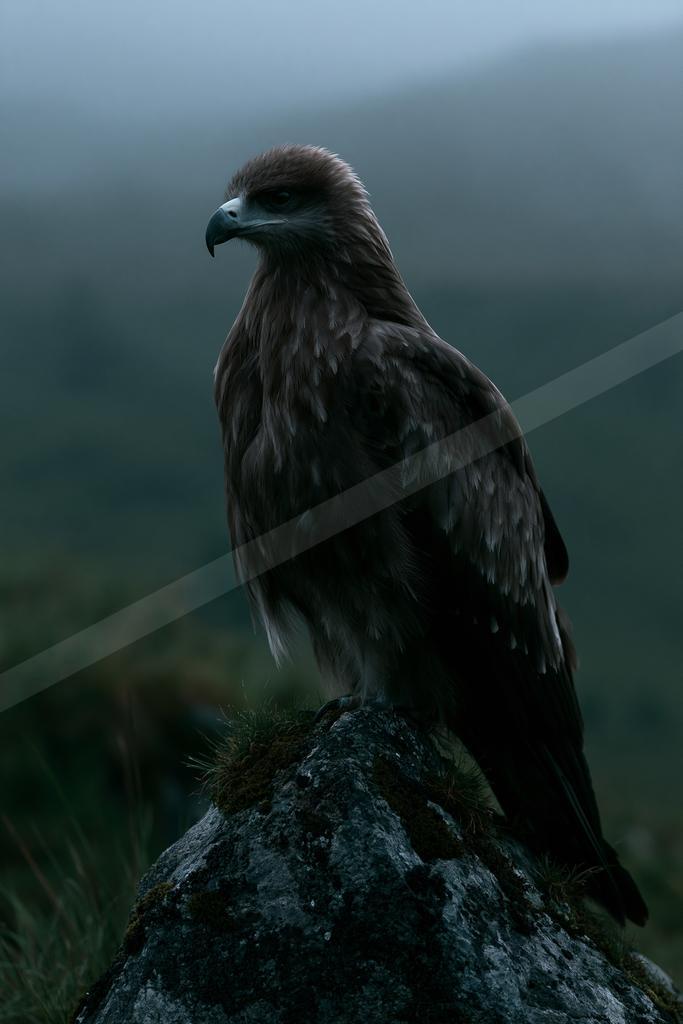 A large brown bird of prey with a hooked beak stands alert on a moss-covered rock, set against a foggy mountainous landscape.