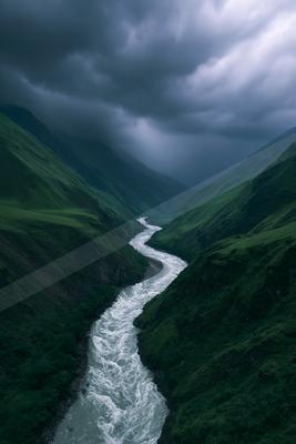 A serene water scene of river, valley.