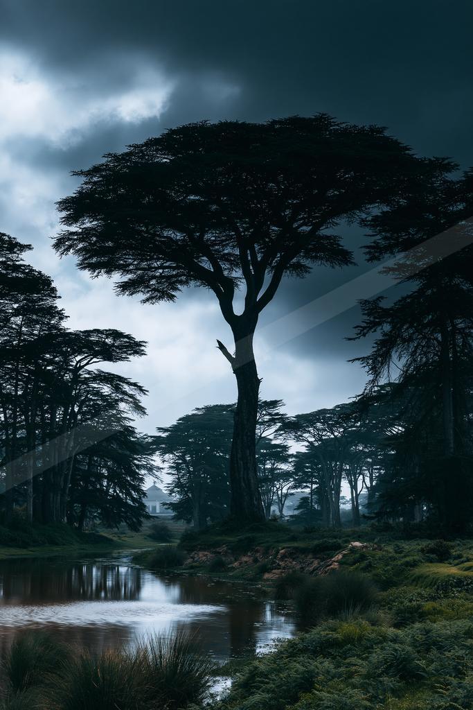 A night nature scene of trees, forest, fog.