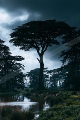 A night nature scene of trees, forest, fog.