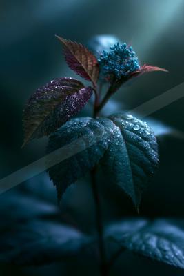 A blue hour nature scene of plants, flowers.