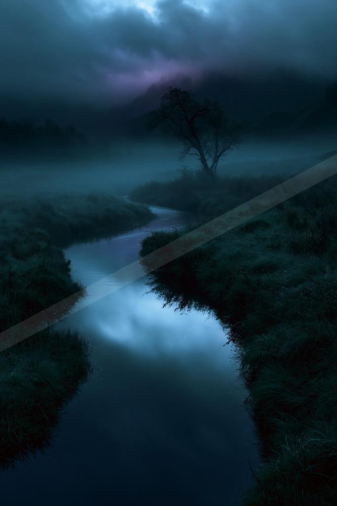 A calm river winds through dense fog and dark vegetation under a moody, cloudy sky at dusk, with a solitary tree visible on the bank.