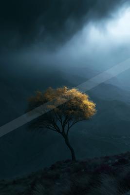 A dramatic nature scene of trees, storm, fog.