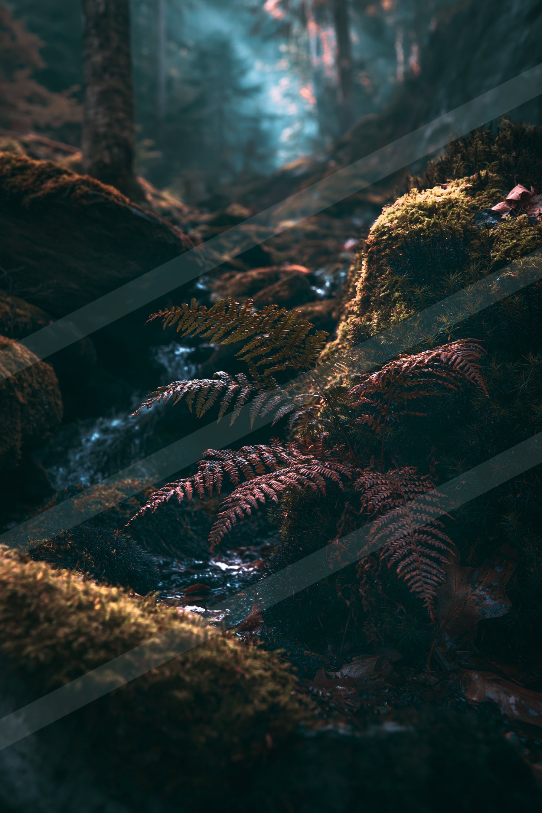 An ethereal high contrast water scene of a stream, ripples.