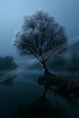 A serene nature scene of trees, lake.