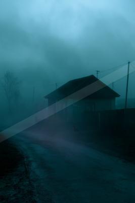 A single-story house stands beside a wet rural road enveloped in thick blue fog during twilight, with a bare tree and utility poles visible in the misty backgro