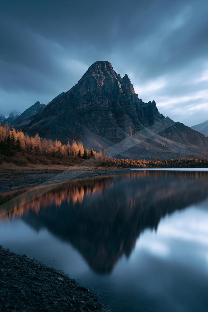 A blue hour long exposure water scene of lake, mountains, reflection.