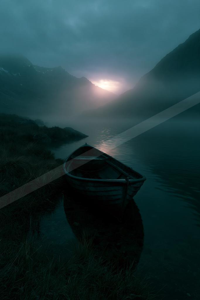 A wooden rowboat rests in shallow water on the edge of a misty mountain lake, with a glowing sun breaking through fog between dark peaks under a moody blue sky.