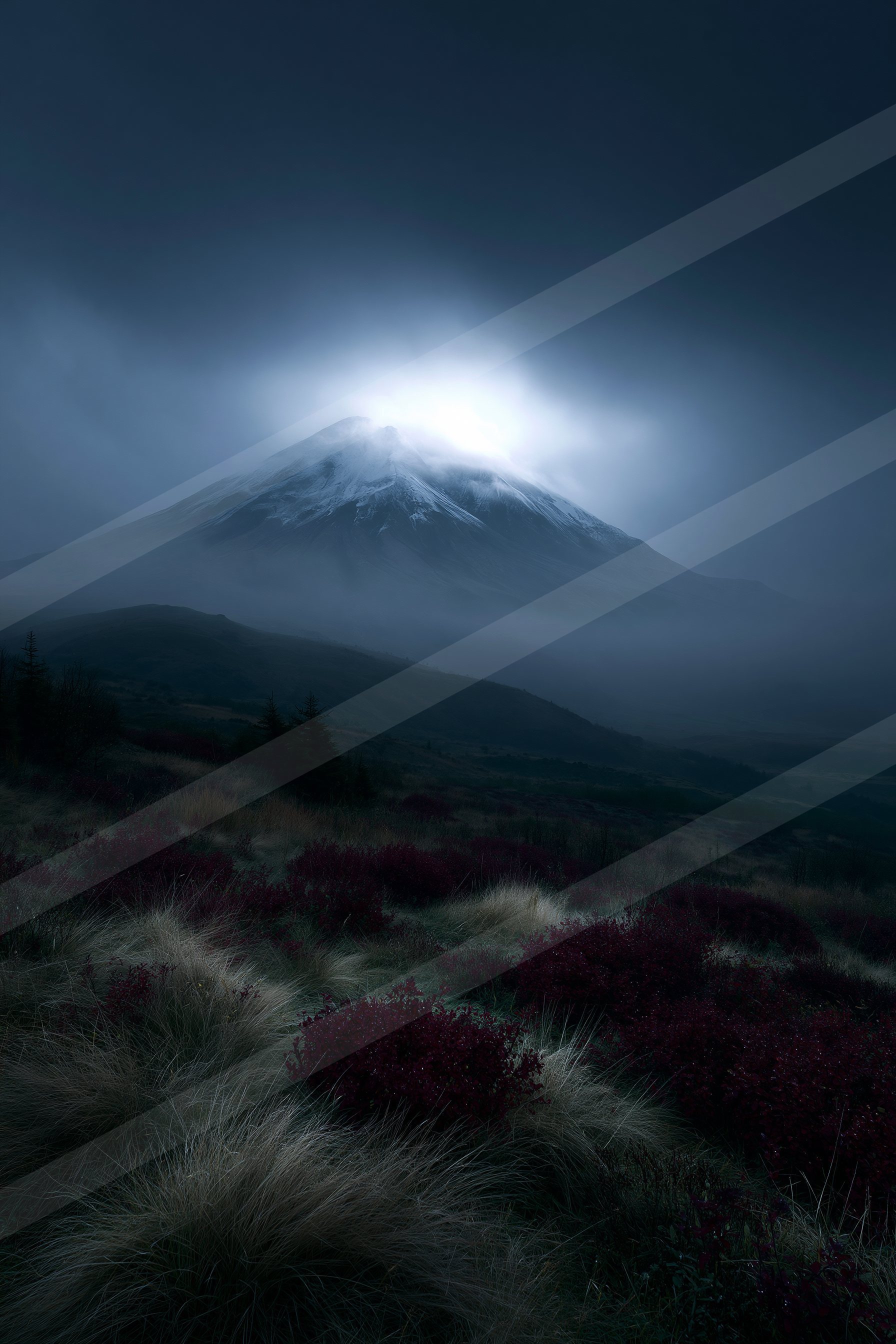 A night landscape of a volcano, fog.