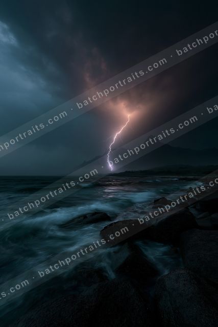 A powerful lightning bolt illuminates a dark stormy sky over an ocean with crashing waves and rocky shoreline in the foreground.