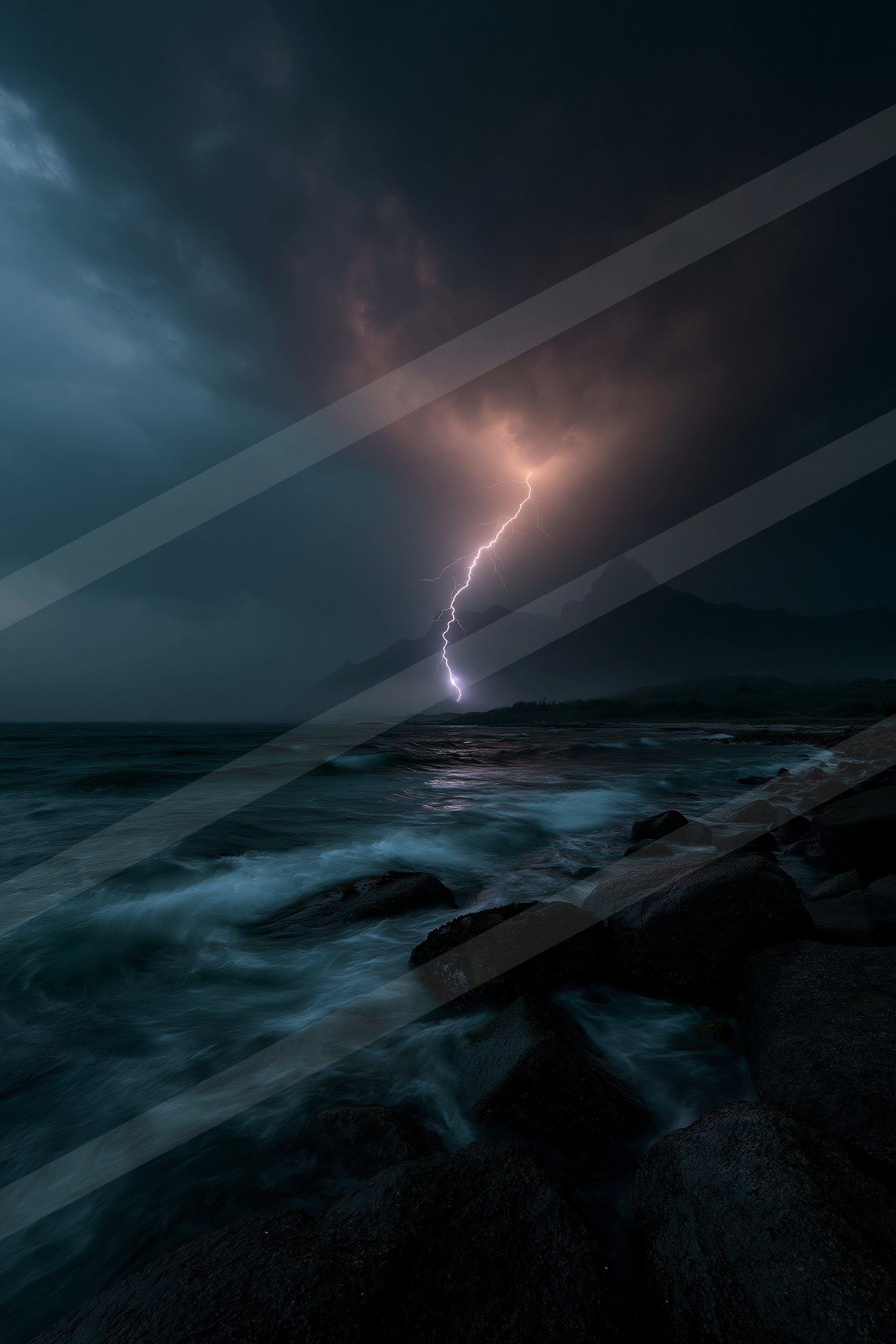 A powerful lightning bolt illuminates a dark stormy sky over an ocean with crashing waves and rocky shoreline in the foreground.