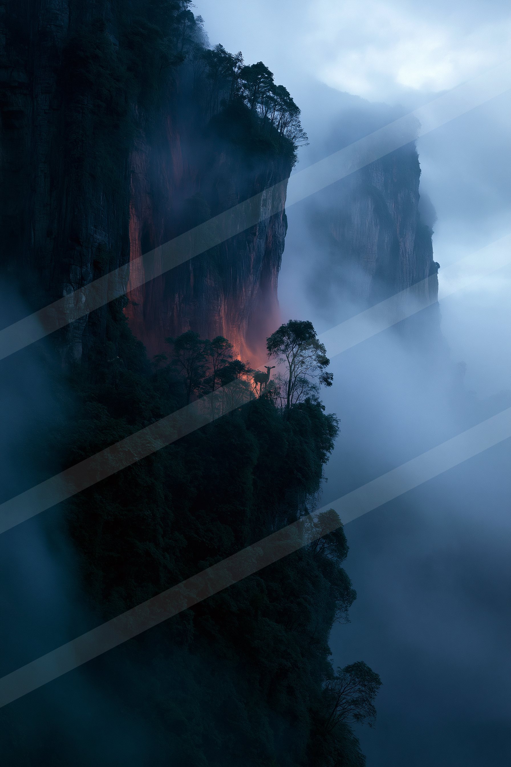 A towering cliff face illuminated by a vibrant red glow against a backdrop of misty clouds, creating an otherworldly atmosphere.