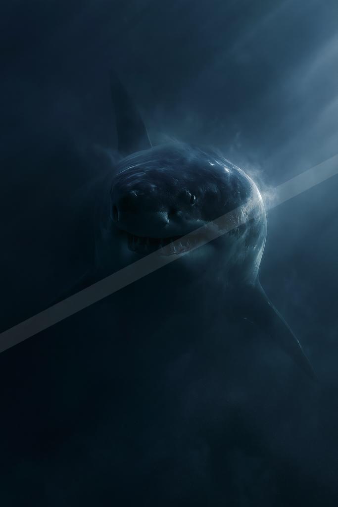 A large great white shark swims directly toward the viewer through dark blue water, its mouth slightly open showing teeth, with light rays filtering from above.