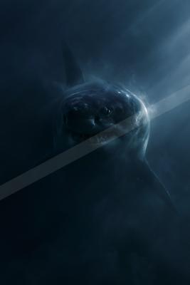 A large great white shark swims directly toward the viewer through dark blue water, its mouth slightly open showing teeth, with light rays filtering from above.