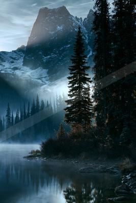 A night landscape of mountains, lake, valley.