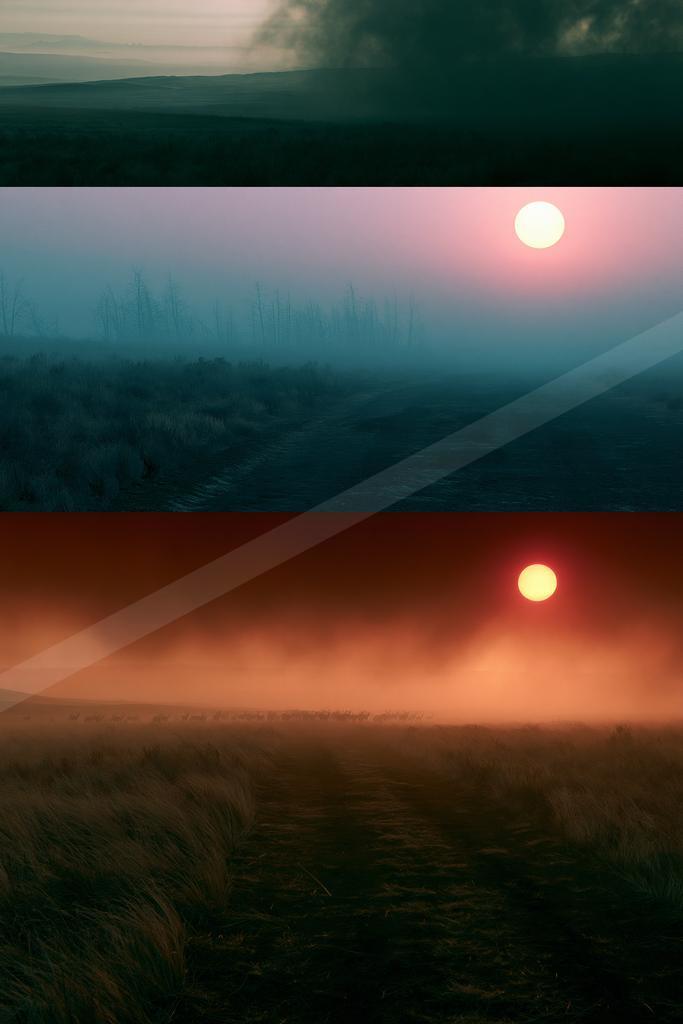 A moody sky scene of sunset, sunrise, field.