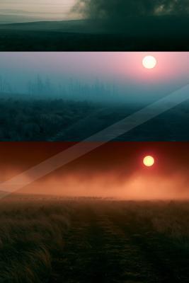 A moody sky scene of sunset, sunrise, field.