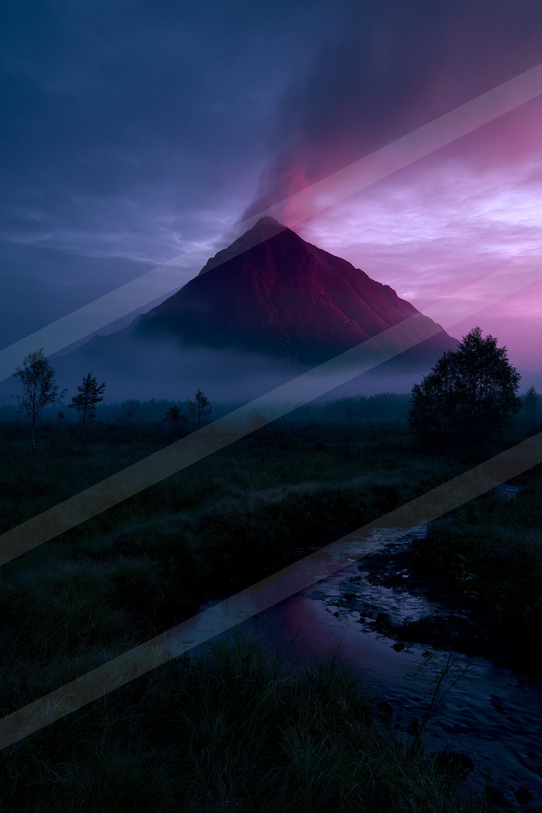 An ethereal landscape of a volcano, fog.