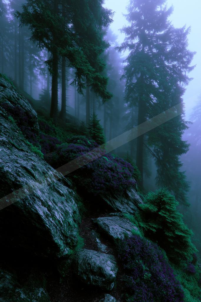 Tall evergreen trees shrouded in thick fog rise above a rocky slope covered in vibrant purple heather and green moss in a moody forest scene.