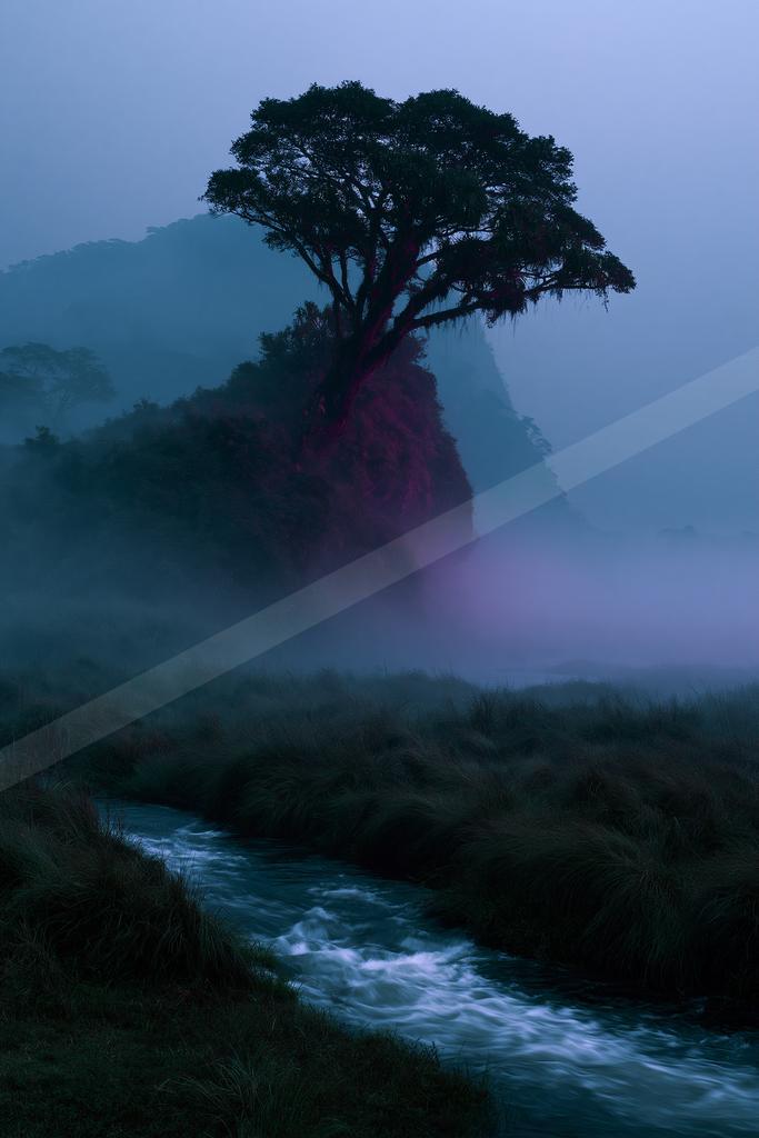 A solitary tree stands on a rocky cliff above a flowing river shrouded in thick purple and blue mist at dusk.