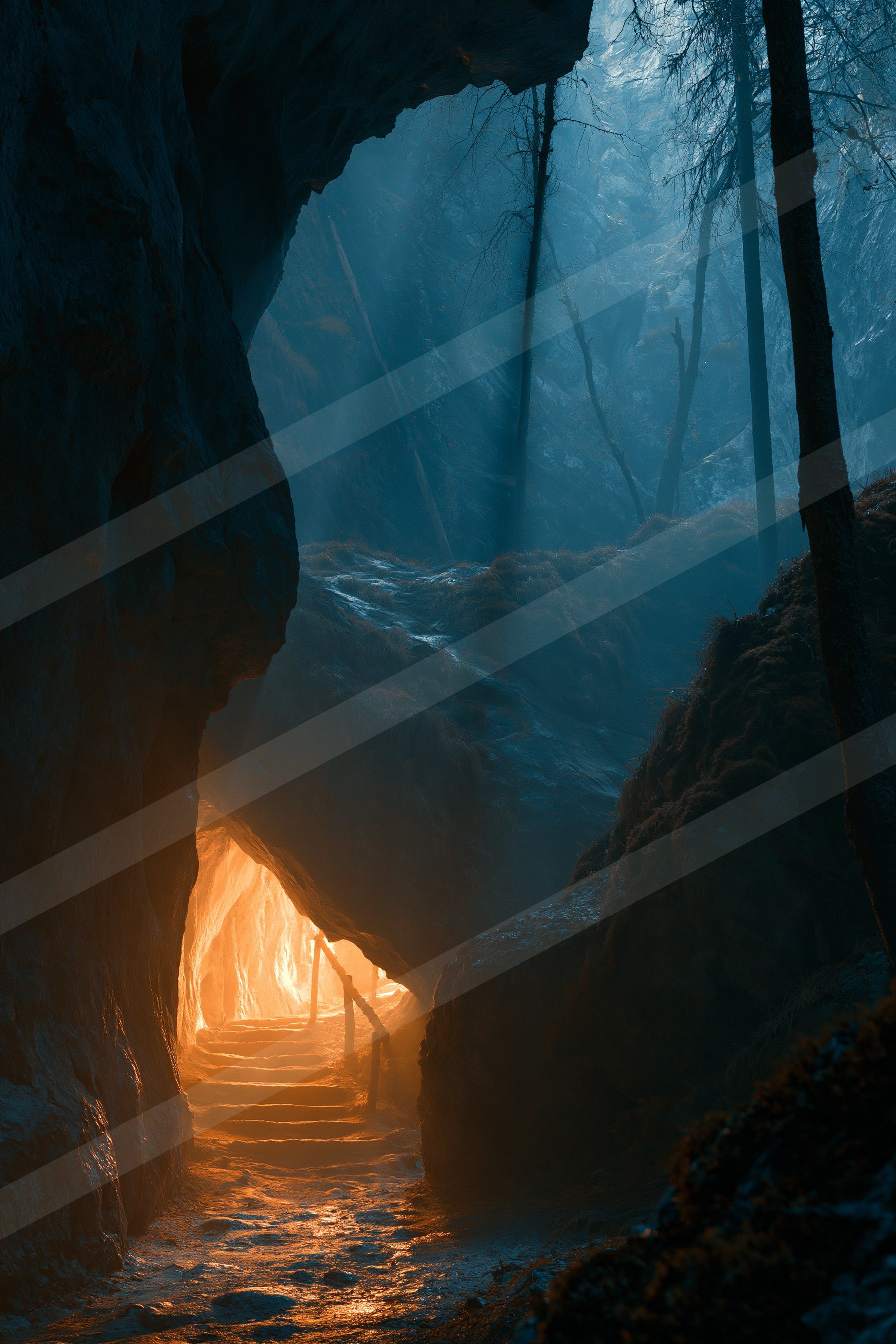 A mysterious landscape of a cave, shadows.