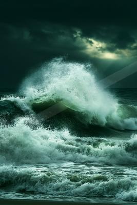 A powerful ocean wave breaking dramatically against a dark, stormy sky illuminated by moonlight.