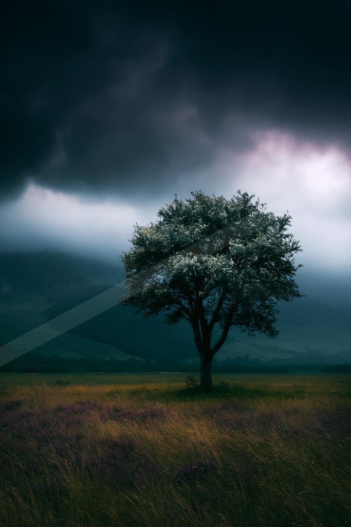 A dramatic nature scene of trees, storm, fog.