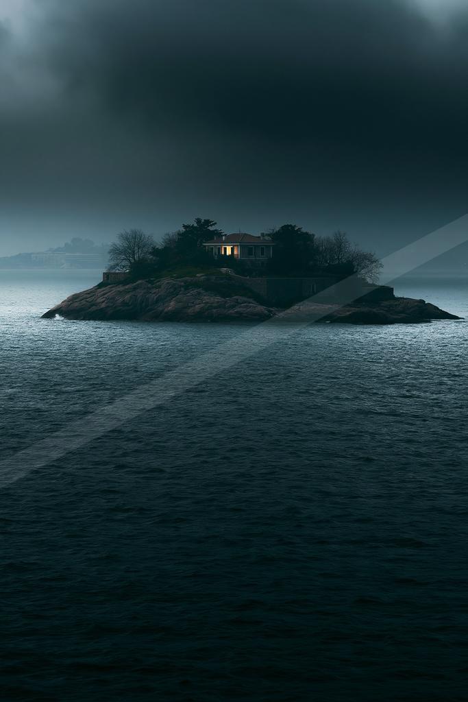 A night water scene of ocean, fog.