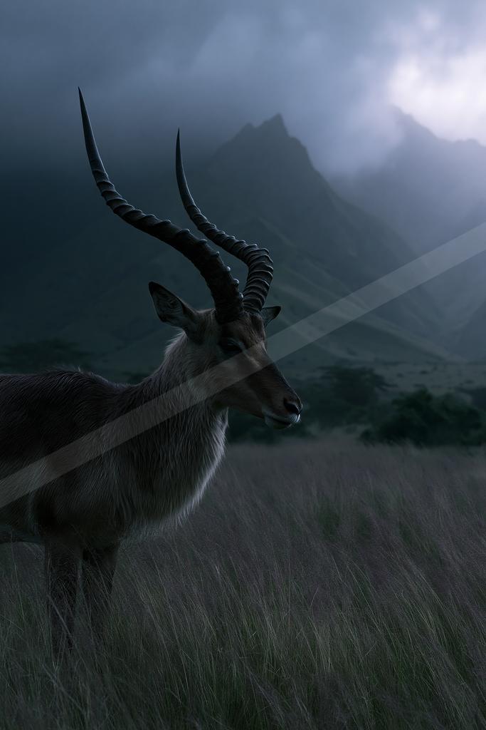 A large antelope with impressive spiraled horns stands in tall grass, looking to the right, with foggy mountains in the background.