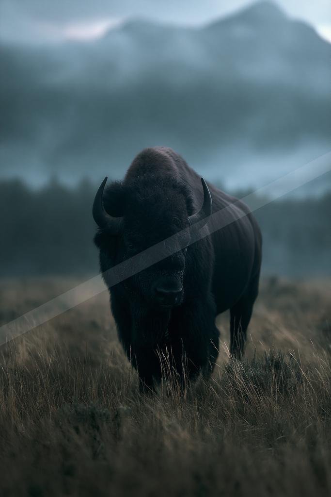 A large dark American bison with prominent curved horns walks directly toward the camera through dry grass in a foggy mountain valley.
