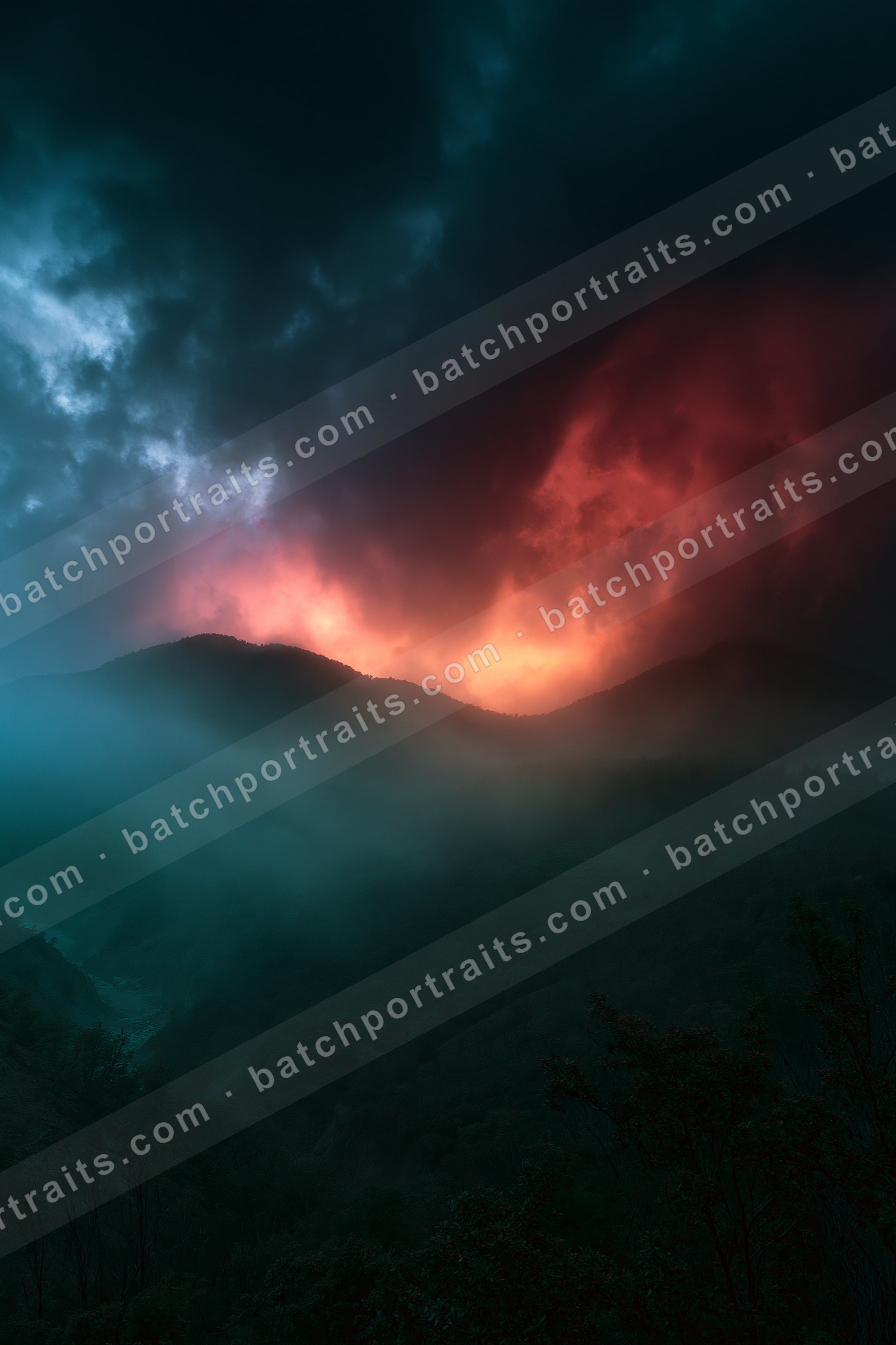 A dark mountain range is silhouetted against a dramatic sky filled with swirling clouds illuminated by intense red and orange hues.